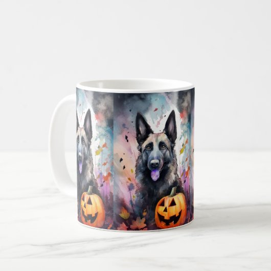 Halloween Belgium Shepherd met pompoenen eng Koffiemok (Voorkant links)