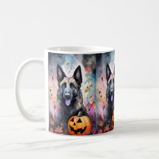 Halloween Belgium Shepherd met pompoenen eng Koffiemok (Links)
