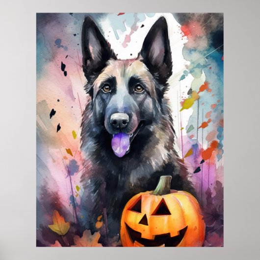 Halloween Belgium Shepherd met pompoenen eng Poster (Voorkant)