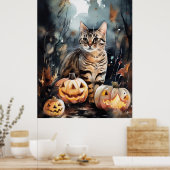 Halloween Bengaal Cat met pompoenen eng Poster (Keuken)