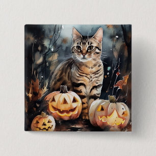 Halloween Bengaalse Kat Met Pompoenen Griezelen Vierkante Button 5,1 Cm