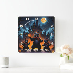 Halloween-beren vieren feest in een spookkasteel vierkante klok
