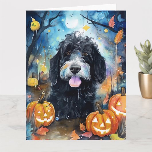 Halloween Bernedoodle Met Pompoenen Eng Kaart (Kleine Plant)