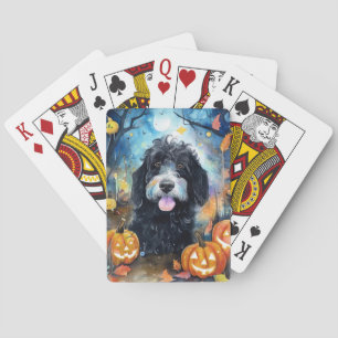 Halloween Bernedoodle Met Pompoenen Eng Pokerkaarten