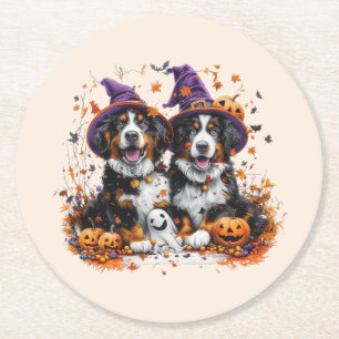 Halloween Berner Mountain Dogs Witch Ghost Ronde Kartonnen Onderzetter