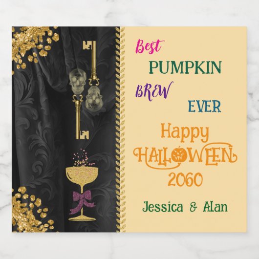 Halloween Best Brew & Gold Glitter Skulls Sparkling Wijnetiket (Enkel label)