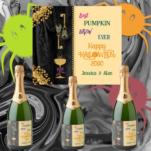 Halloween Best Brew & Gold Glitter Skulls Sparkling Wijnetiket