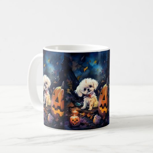 Halloween Bichon Frise met pompoenen eng Koffiemok (Voorkant links)