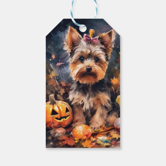 Halloween Biewer Terrier met pompoenen eng Cadeaulabel (Achterkant)