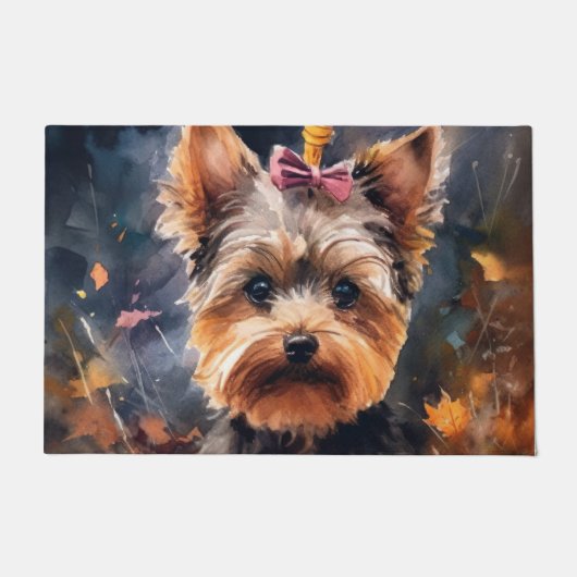 Halloween Biewer Terrier met pompoenen eng Deurmat (Voorkant)