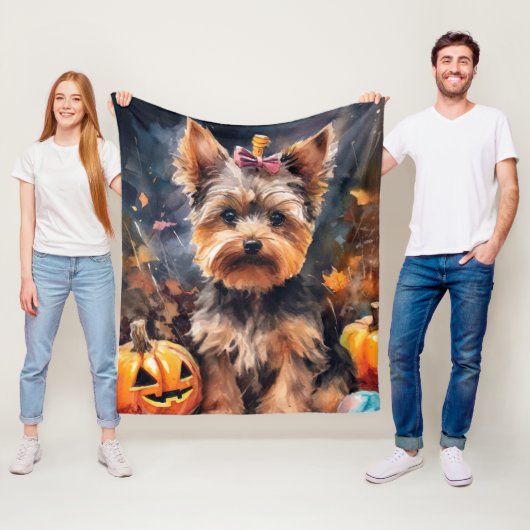 Halloween Biewer Terrier met pompoenen eng Fleece Deken (In situ)