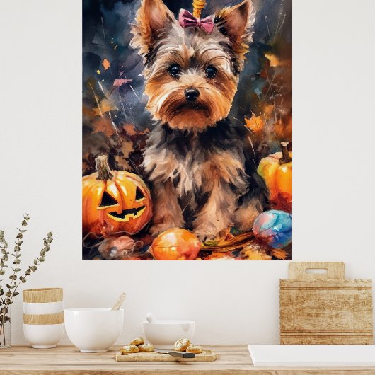Halloween Biewer Terrier met pompoenen eng Poster (Keuken)