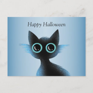 Halloween Big Eyes Black Blue Evil Cat Briefkaart