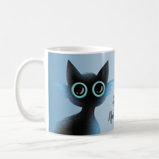 Halloween Big Eyes Black Blue Evil Cat Koffiemok (Links)