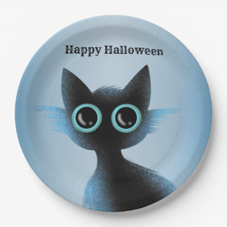 Halloween Big Eyes Black Blue Evil Cat Papieren Bordje