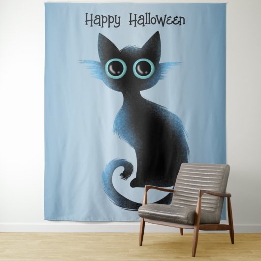 Halloween Big Eyes Black Blue Evil Cat Wandkleed (In situ)