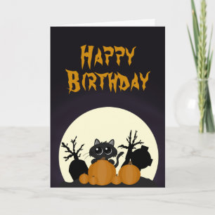 Halloween Birthday Black Cat Pumpkins Graveyard Kaart