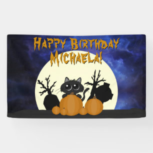 Halloween Birthday Black Cat w Pumpkins Graveyard Spandoek