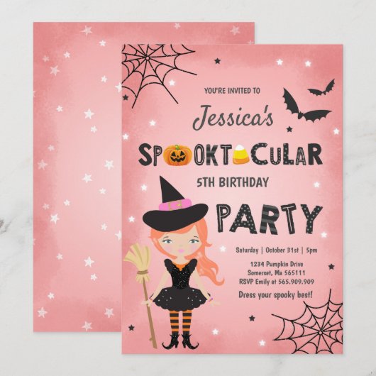Halloween Birthday Invite Witch Halloween Party Kaart (Voorkant / Achterkant)