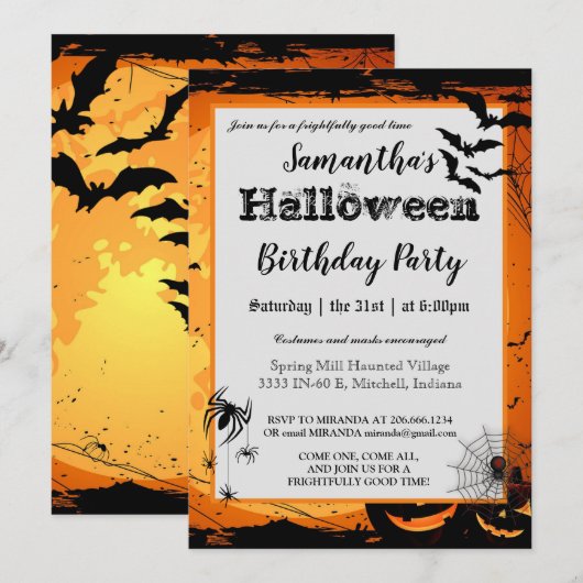 Halloween Birthday Party Invitation Spooky Bats Kaart (Voorkant / Achterkant)