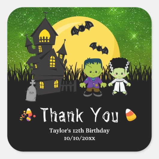 Halloween Birthday Party Monsters Green Vierkante Sticker (Voorkant)