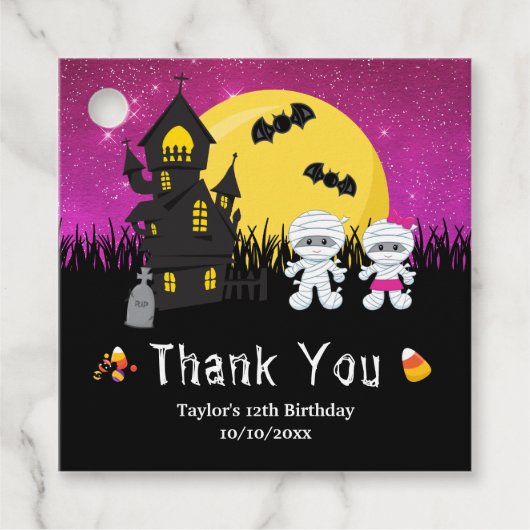 Halloween Birthday Party Mummy Pink Bedankjes Labels (Voorkant)