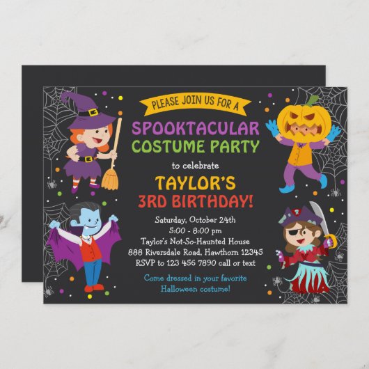 Halloween Birthday Uitnodiging, kostumefeest, kind Kaart (Voorkant / Achterkant)