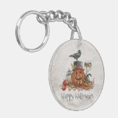 Halloween Black Bird en pompoenen | Button Sleutel Sleutelhanger (Voorkant Links)
