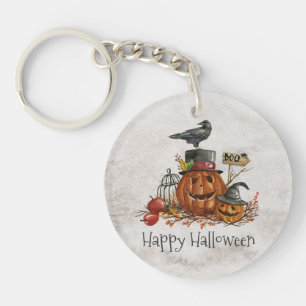 Halloween Black Bird en pompoenen Button Sleutel Sleutelhanger