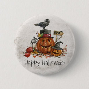 Halloween Black Bird en Pumpkins Button