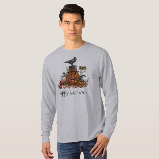  Halloween Black Bird Pumpkins Sleeve Shirt (Voorkant volledig)