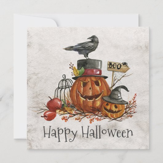 Halloween Black Bird & Pumpkins Uitnodiging (Voorkant)
