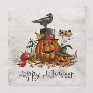 Halloween Black Bird & Pumpkins Uitnodiging