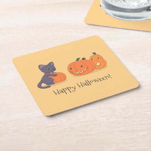 Halloween Black Cat and Pumpkins on Yellow Vierkante Kartonnen Onderzetter (Schuin)