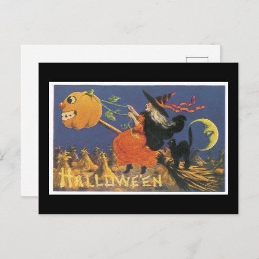 Halloween Black Cat en heks Briefkaart (Voorkant / Achterkant)