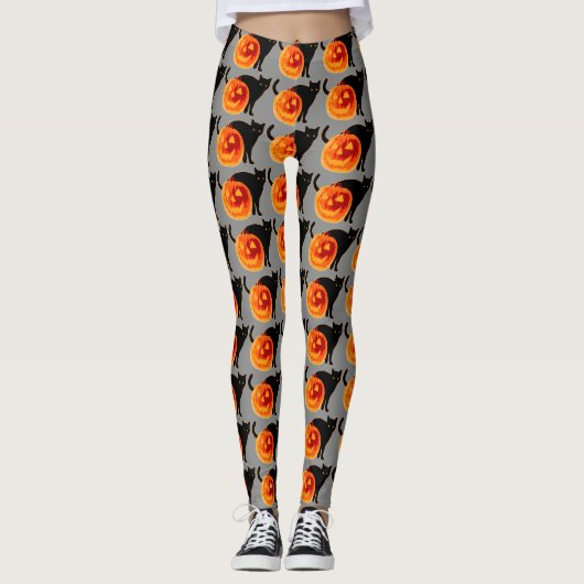 Halloween Black Cat en Jack-O-Lantern Leggings (Voorkant)