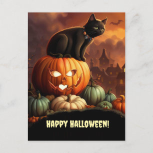 Halloween Black Cat en Jack O' Lantern Schattige Feestdagenkaart