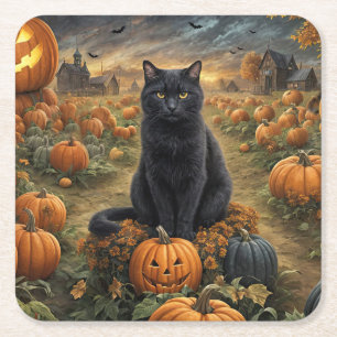 Halloween Black Cat en Pomkins Vierkante Kartonnen Onderzetter