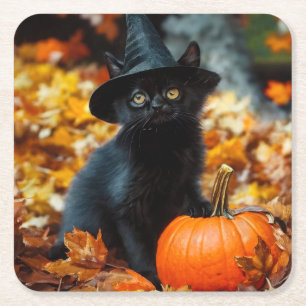 Halloween Black Cat en Pumpkin Vierkante Kartonnen Onderzetter