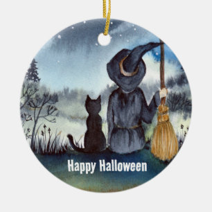 Halloween Black Cat en The Witch Sterrennacht Keramisch Ornament