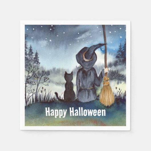 Halloween Black Cat en The Witch Sterrennacht Servet (Voorkant)