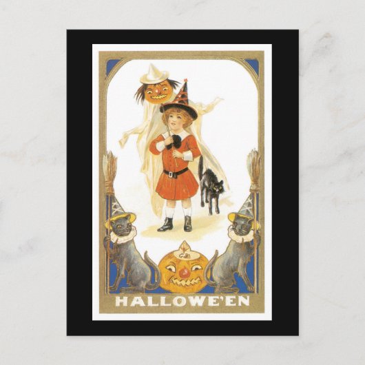 Halloween Black Cat en Witch Girl Briefkaart (Voorkant)