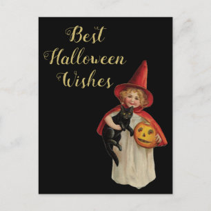Halloween Black Cat en Witch Girl Briefkaart
