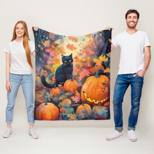 Halloween Black Cat met pompoenen eng Fleece Deken (In situ)