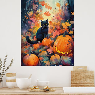 Halloween Black Cat met pompoenen eng Poster