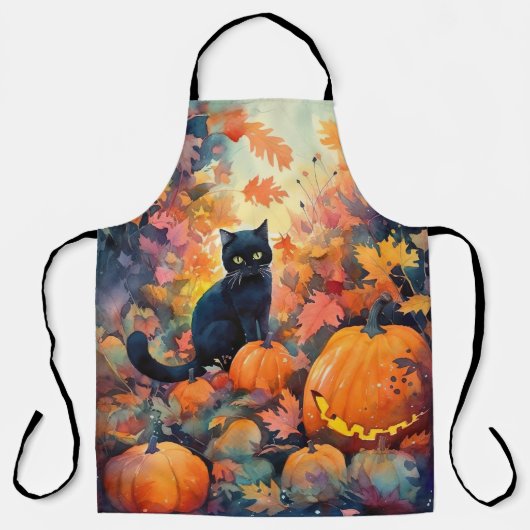 Halloween Black Cat met pompoenen eng Schort (Voorkant)