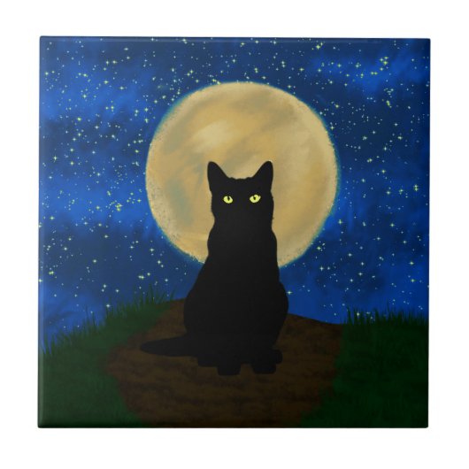 Halloween Black Cat Moonlit Silhouette Tegeltje (Voorkant)
