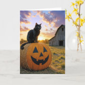 Halloween Black Cat On Pumpkin Hay Bale Kaart (Gele Bloem)
