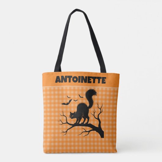 Halloween Black Cat on Tree Orange Gingham Plaid Draagtas (Achterkant)