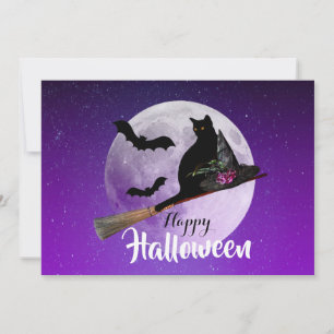 Halloween Black Cat op Broom Full Moon Feestdagenkaart